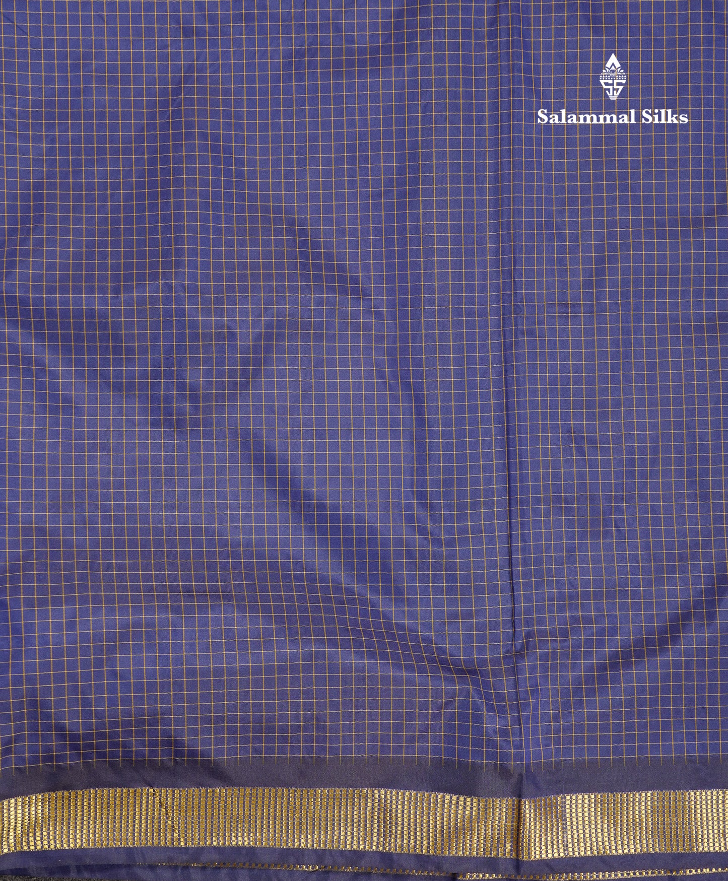 9 Yards Semi Silk Saree Navy Blue Small Checks With Traditional Small Border