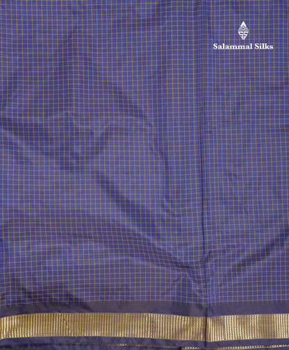 9 Yards Semi Silk Saree Navy Blue Small Checks With Traditional Small Border