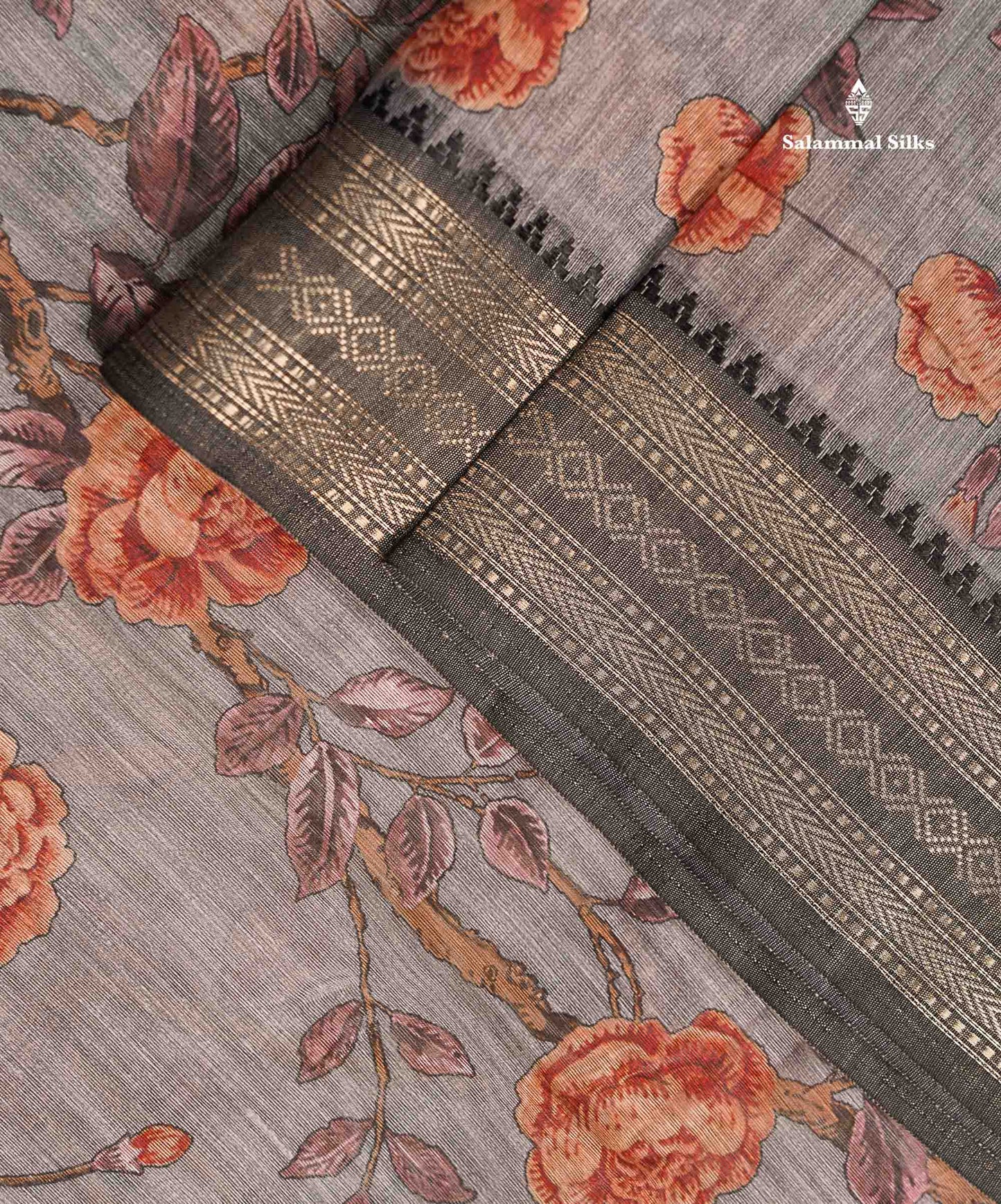 Beautiful Light Grey Floral Design Chanderi Mixed Cotton Saree With Fancy Border