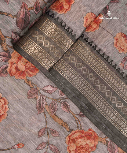 Beautiful Light Grey Floral Design Chanderi Mixed Cotton Saree With Fancy Border