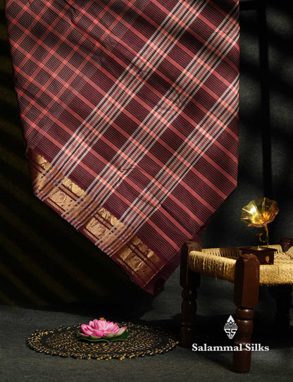 Beautiful Dark Maroon Thread Checks Pure Chetinad Cotton Saree With Traditional Border