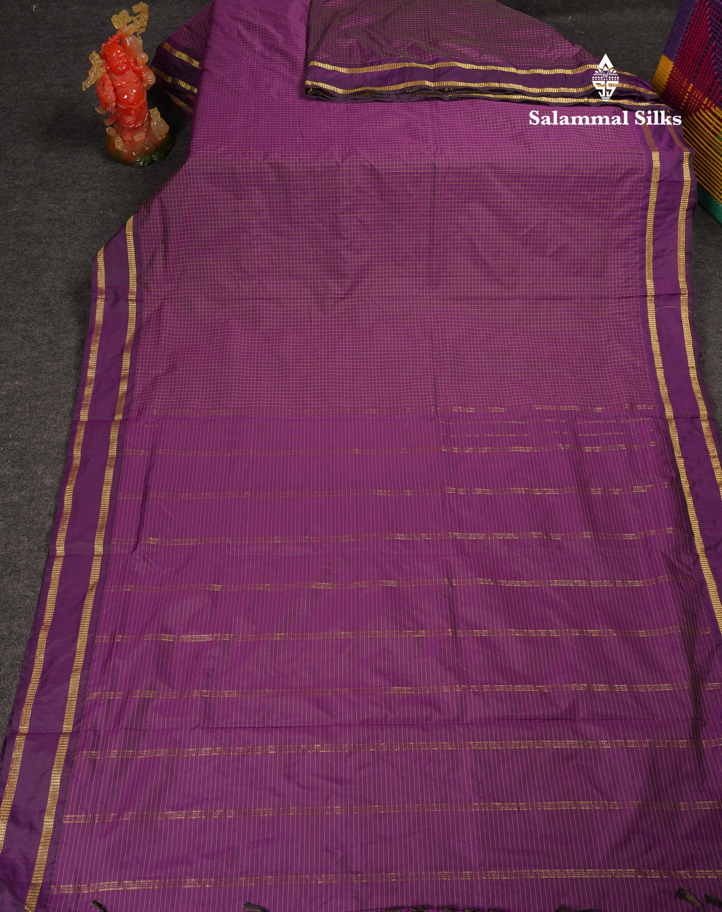 9 Yards Semi Silk Saree Dark Purple Checks With Traditional Gap Border