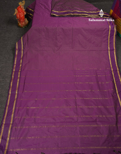 9 Yards Semi Silk Saree Dark Purple Checks With Traditional Gap Border