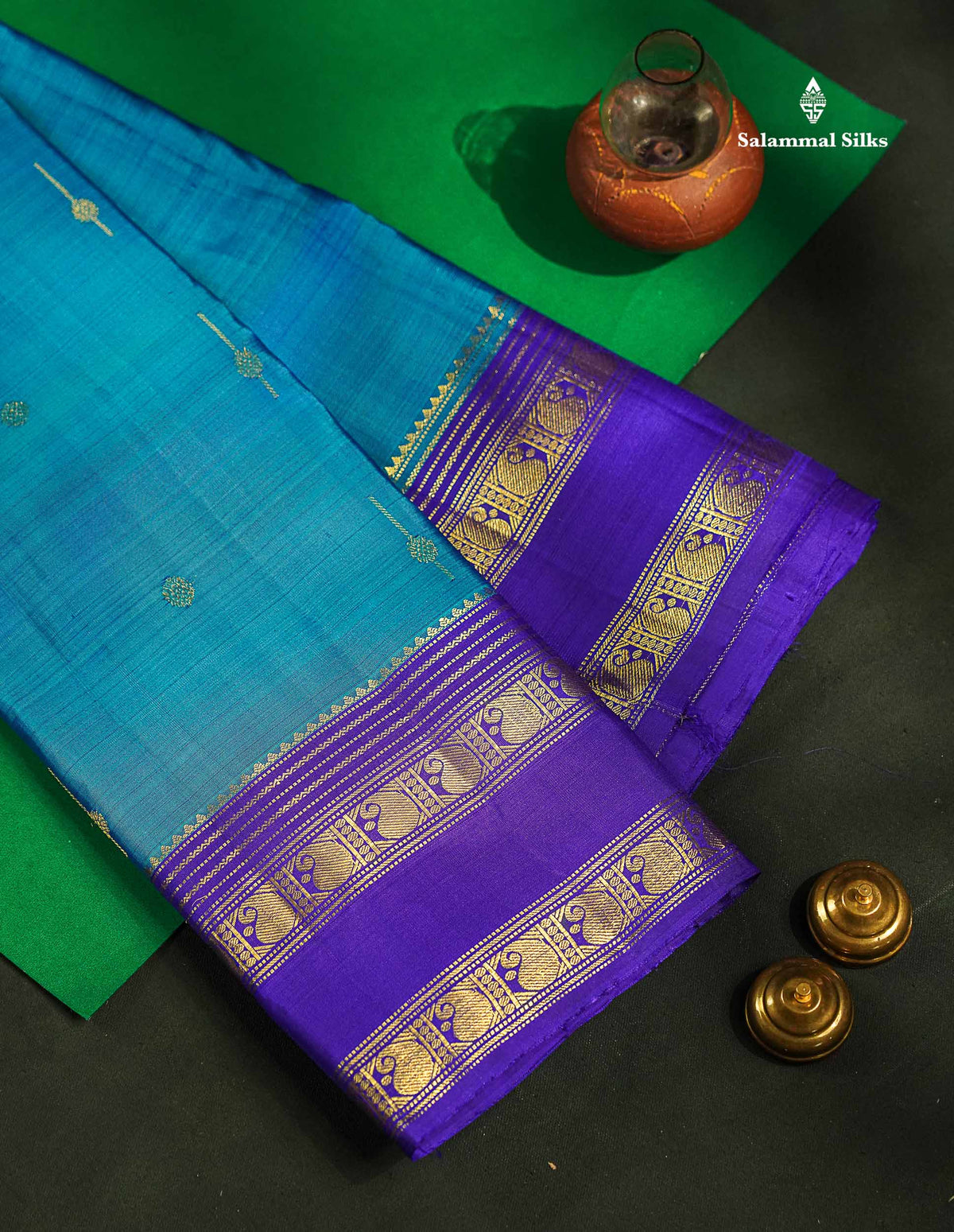 Pure Kanjivaram Silk Saree -Peacock Blue Colour Body Butta With Contrast Violet Traditional Gap Border