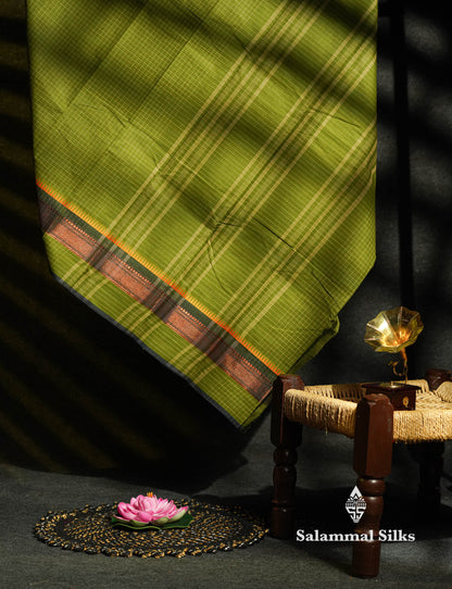 Navy Blue Thread Checks Beautiful Chettinad Cotton Saree With Temple & Zari Border