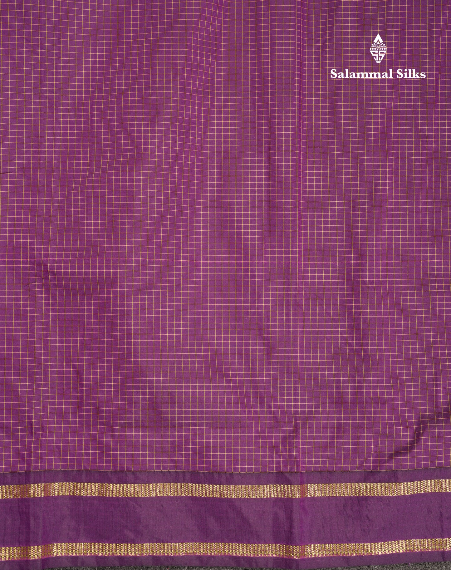 9 Yards Semi Silk Saree Dark Purple Checks With Traditional Gap Border