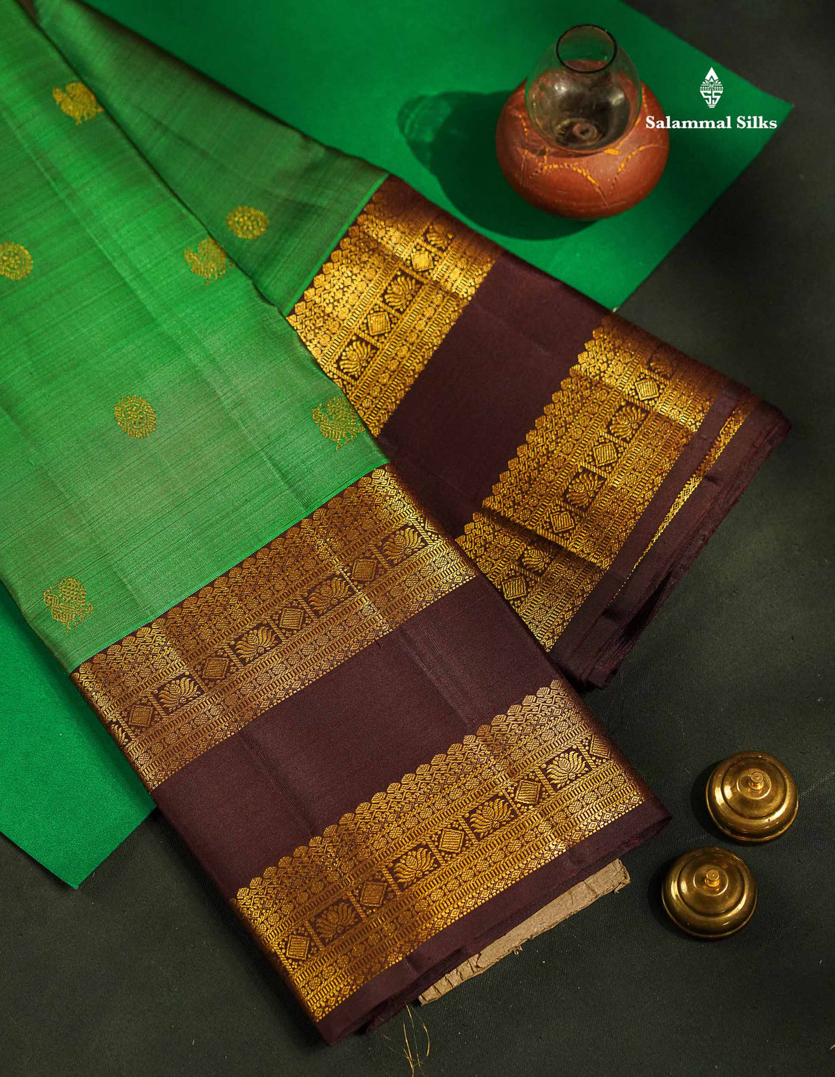 Pure Kanjivaram Silk Saree - Bottle Green Colour Body Zari Butta With Contrast Dark Brown Gap Border