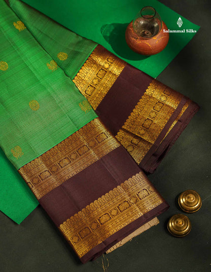 Pure Kanjivaram Silk Saree - Bottle Green Colour Body Zari Butta With Contrast Dark Brown Gap Border