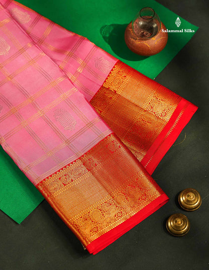 Korvai Pure Kanjivaram Silk Saree - Light Pink Colour Body Checks With Butta & Contrast Chilly Red Traditional Border