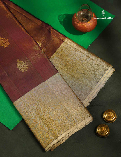Beautiful Dark Brown Vaira Oosi Lines With Butta Pure Kanjivaram Silk Saree With Contrast Dual Tone Grey Traditional Border