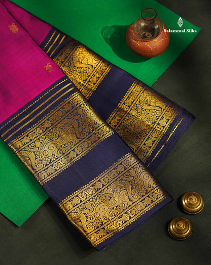 Pure Kanjivaram Silk Saree - Magenta Colour Body Butta With Contrast Navy Blue Traditional Long Border