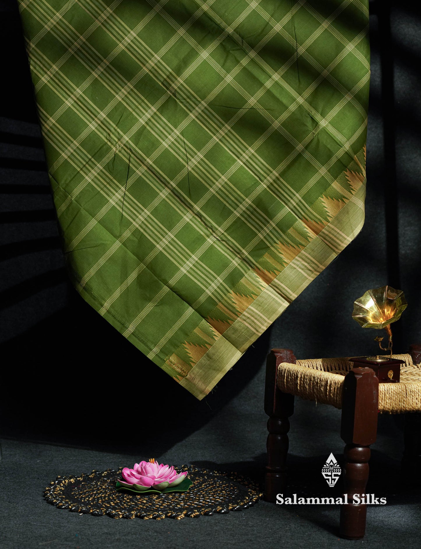 Beautiful Mustard Yellow Thread Checks  Pure Chettinad Cotton Saree With Navy Blue Traditional Temple Border