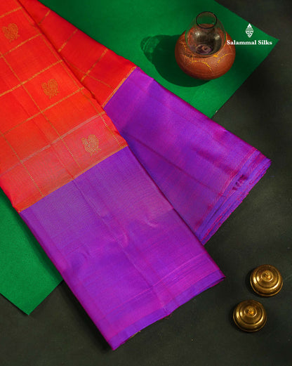 Pure Kanjivaram Silk Saree - Redish Orange Colour Body Checks With Butta & Contrast Purple Long Border