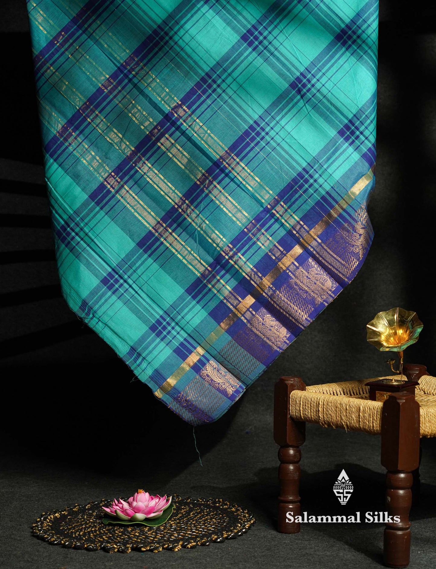 Beautiful Black And White Checks Pure Chettinad Pure Cotton Saree With Traditional Gold Zari Border
