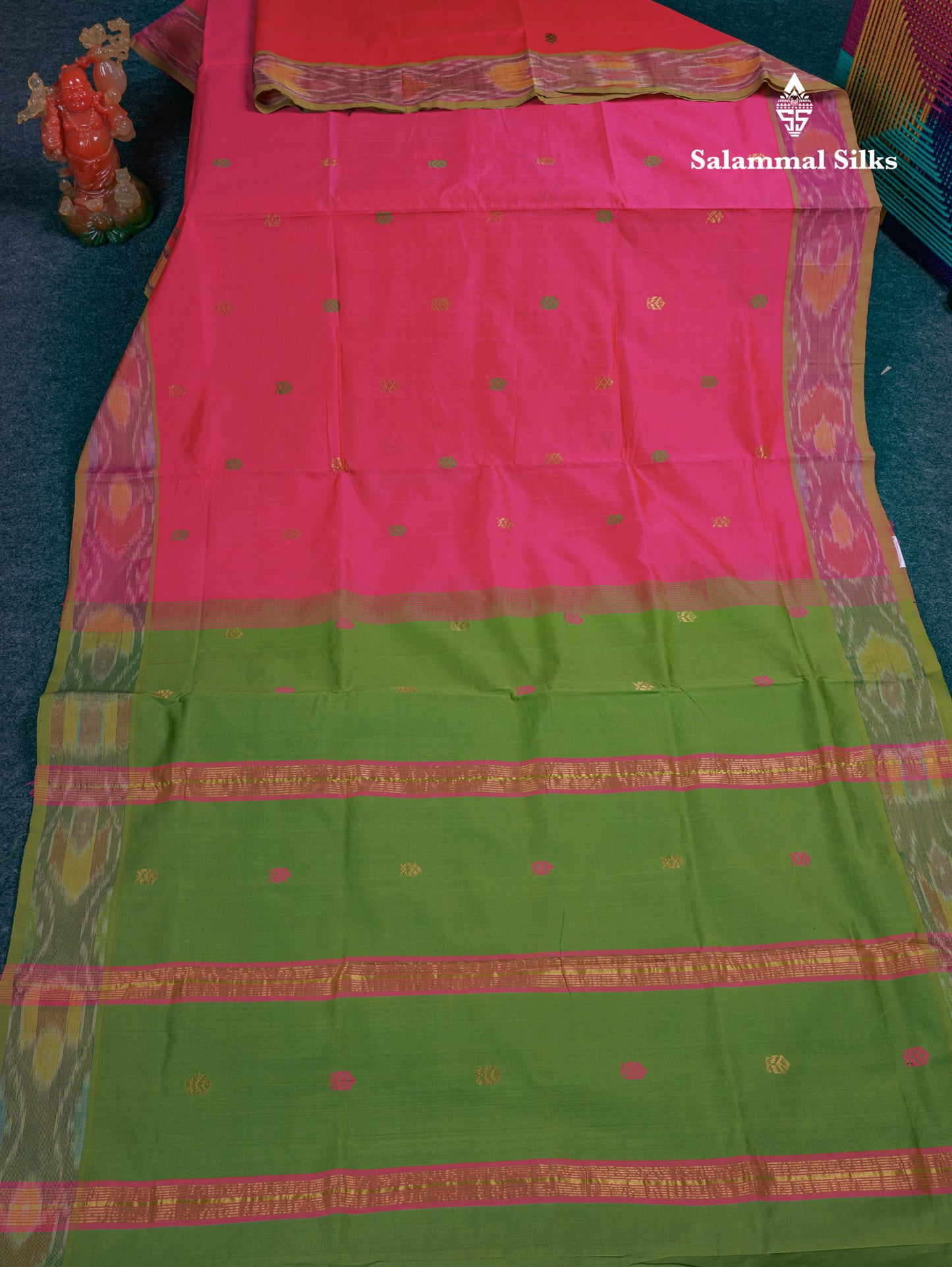 Beautiful Pink Thread Work Buttas Semi Silk Cotton Saree With Contrast Green Blouse