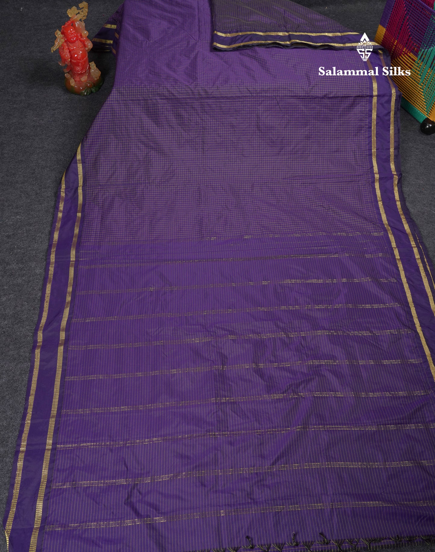 9 Yards Semi Silk Saree Dark Purple Checks With Traditional Gap Border