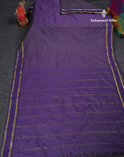 9 Yards Semi Silk Saree Dark Purple Checks With Traditional Gap Border