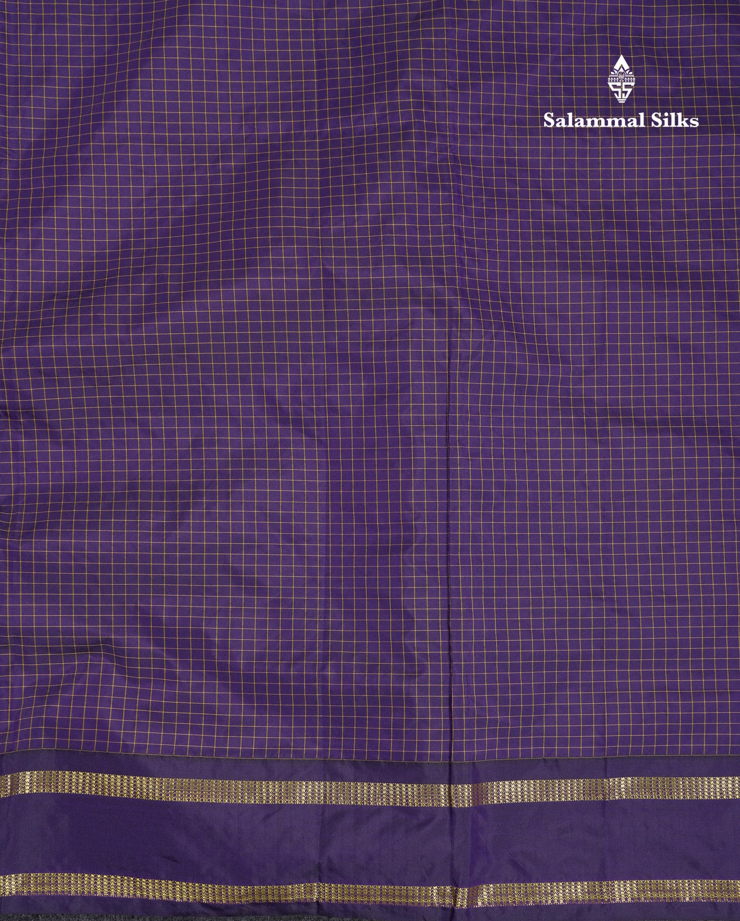 9 Yards Semi Silk Saree Dark Purple Checks With Traditional Gap Border