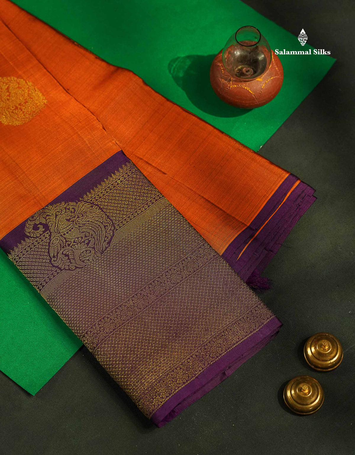 Beautiful Rust Orange Pure Kanjivaram Silk Saree With Contrast Dark Purple Traditional One Side Border