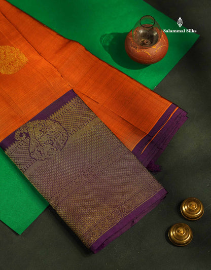 Beautiful Rust Orange Pure Kanjivaram Silk Saree With Contrast Dark Purple Traditional One Side Border