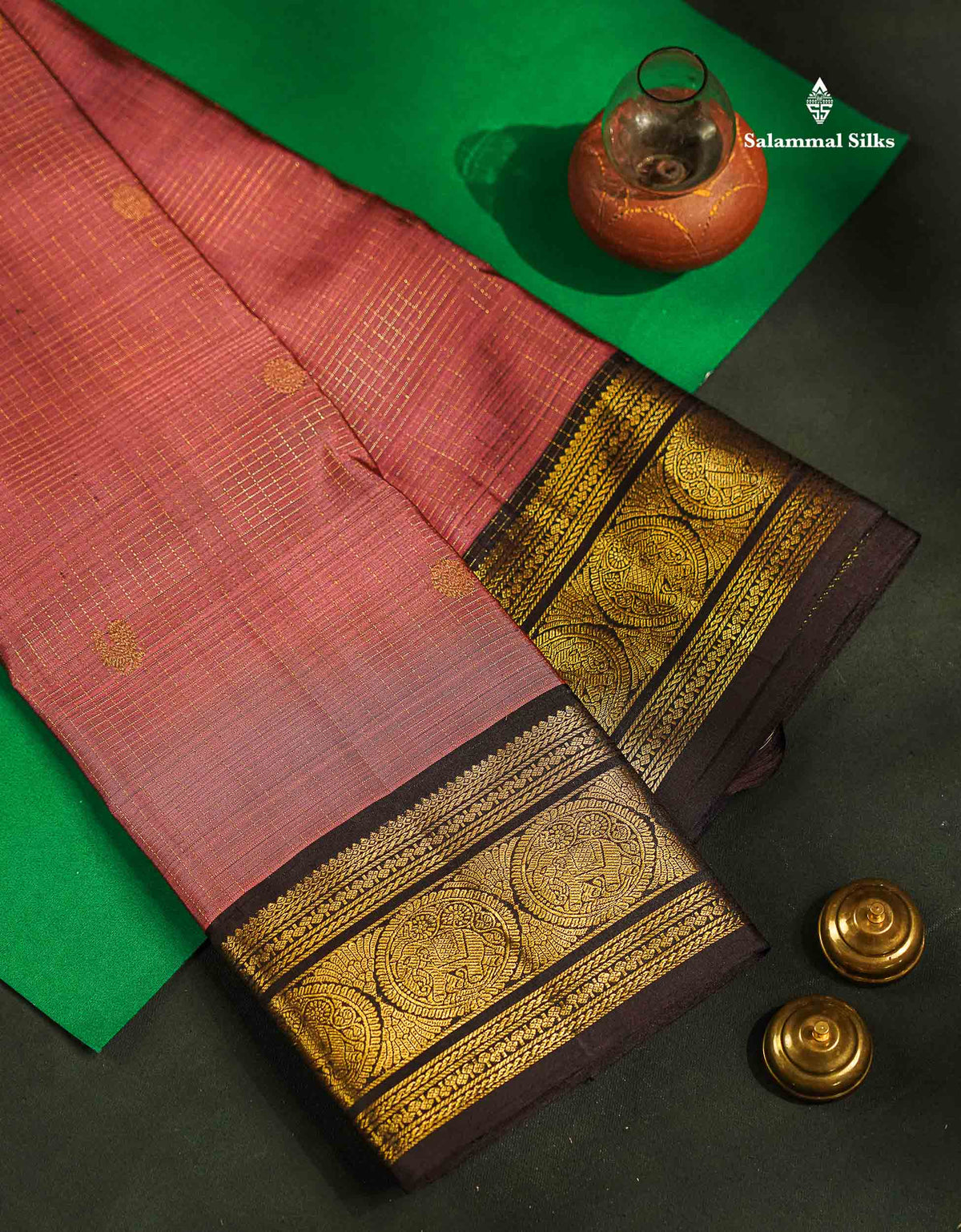 Pure Kanjivaram Silk Saree - Onion Pink Colour Body Small Checks With Butta & Contrast Dark Brown Border