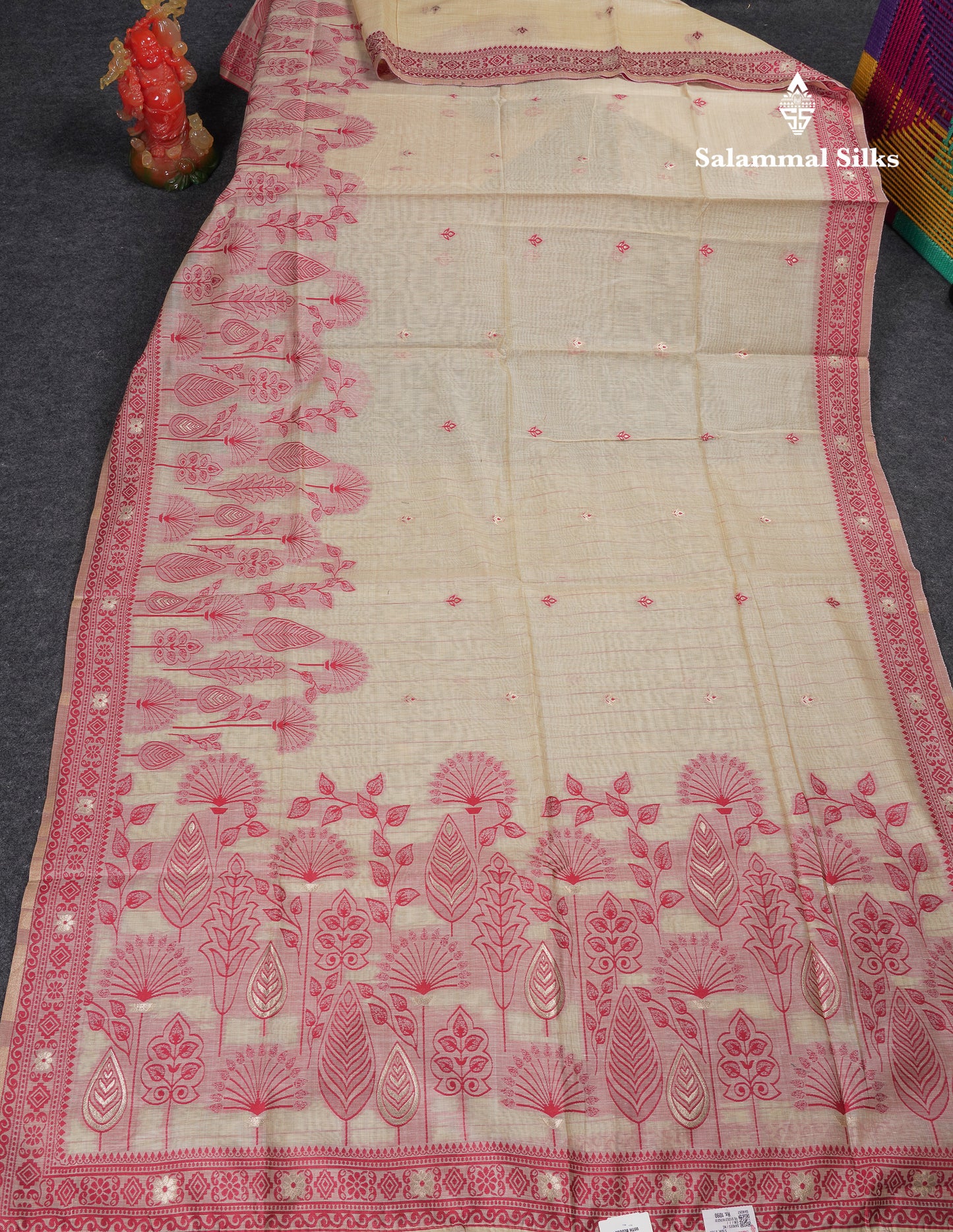 Beautiful Cream Sandal Thread Work Butta Muga Cotton Saree With Contrast Maroon Border