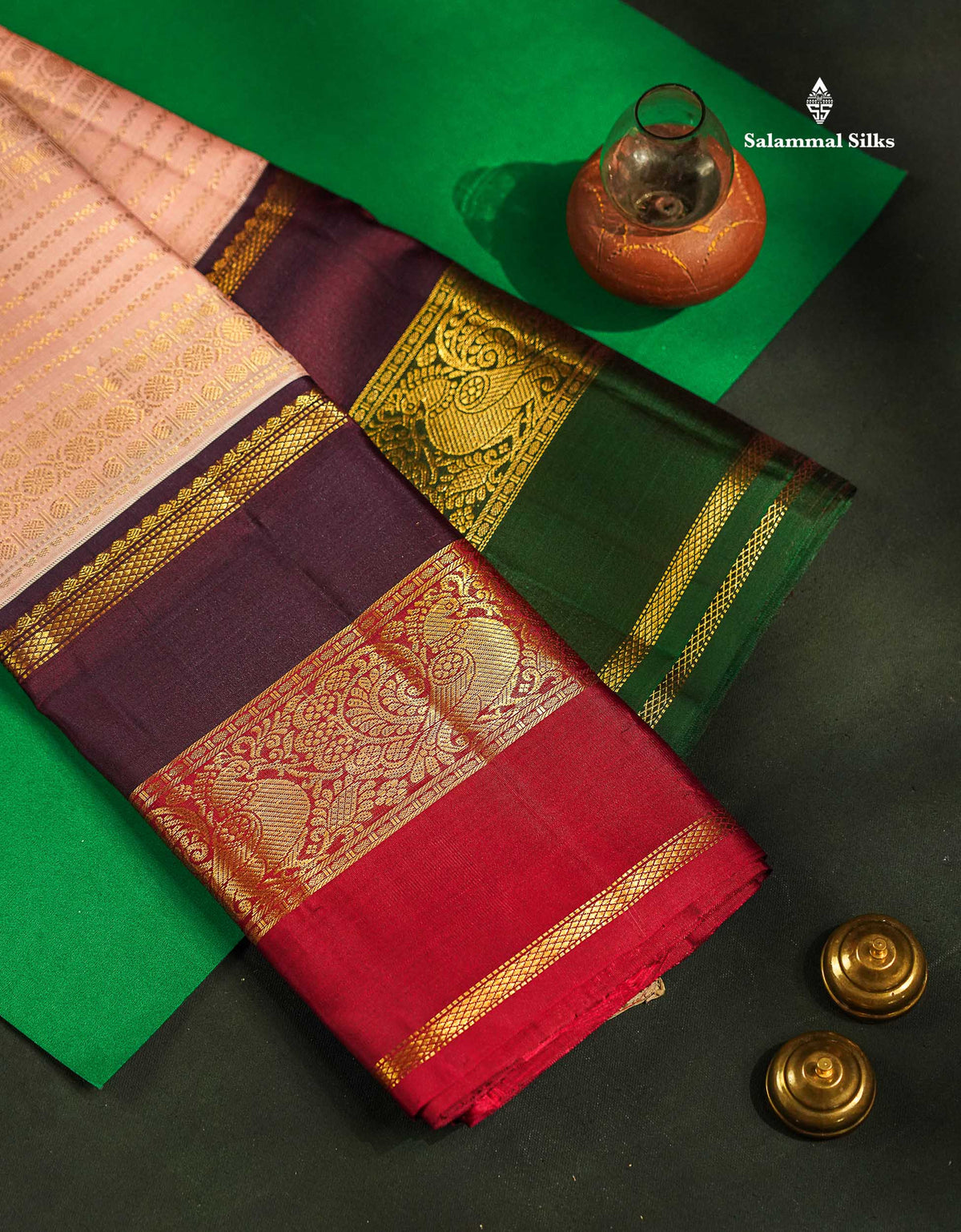 Korvai Pure Kanjivaram Silk Saree - Light Peach Colour Body With Contrast Dark Purple Traditional Ganga Jamuna Border