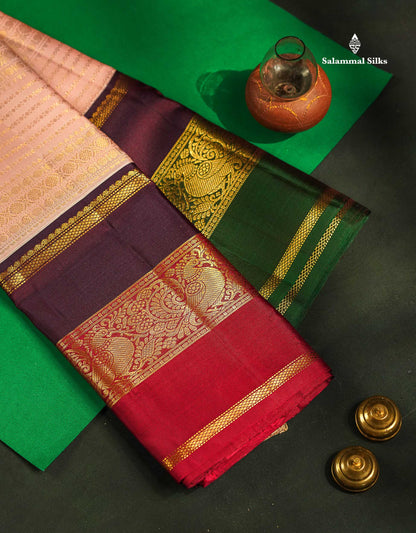 Korvai Pure Kanjivaram Silk Saree - Light Peach Colour Body With Contrast Dark Purple Traditional Ganga Jamuna Border