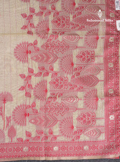 Beautiful Cream Sandal Thread Work Butta Muga Cotton Saree With Contrast Maroon Border