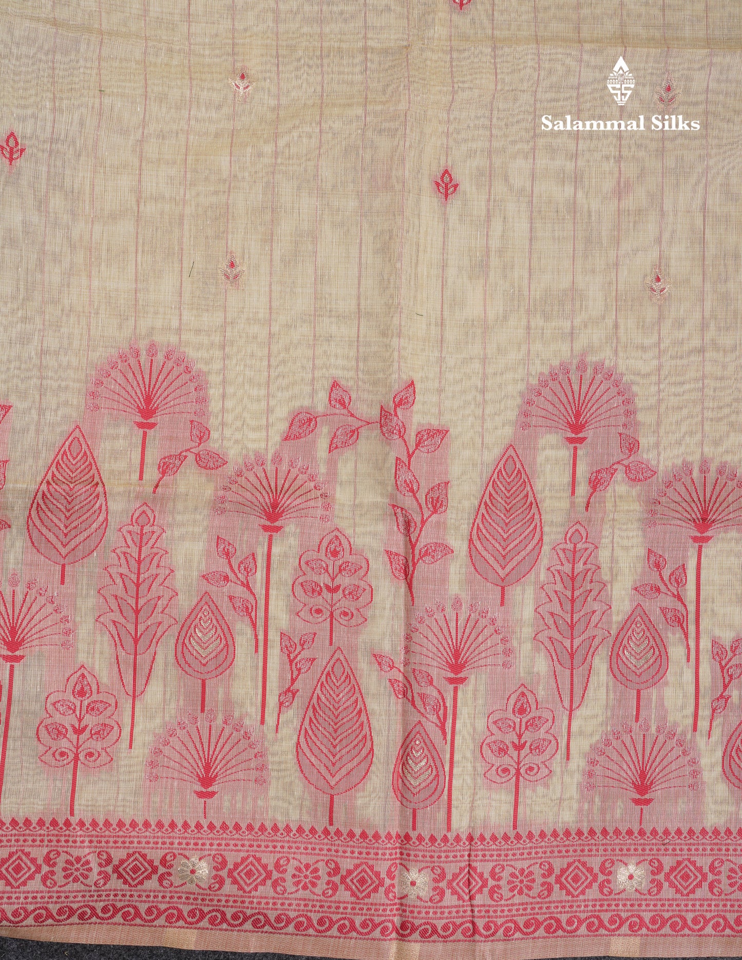 Beautiful Cream Sandal Thread Work Butta Muga Cotton Saree With Contrast Maroon Border