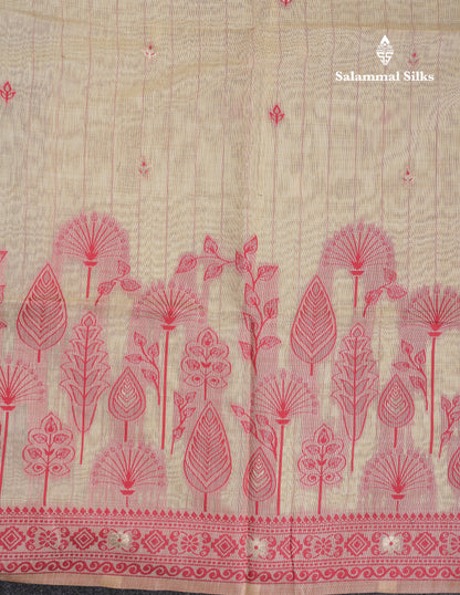 Beautiful Cream Sandal Thread Work Butta Muga Cotton Saree With Contrast Maroon Border