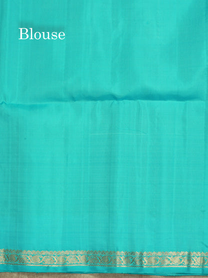 Half White Pure Kanjivaram Soft Silk Saree With Contrast Sky Blue Small Traditional Border