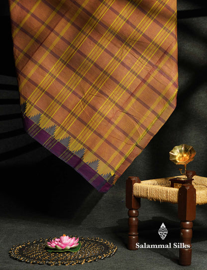 Beautiful Mustard Yellow Thread Checks  Pure Chettinad Cotton Saree With Navy Blue Traditional Temple Border