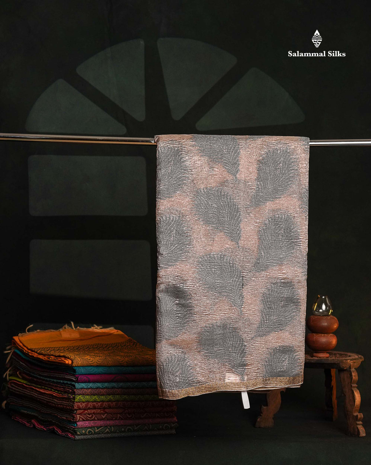 Premium Dark Peach Tissue Crush Fancy Saree With Contrast Blueish Grey Blouse