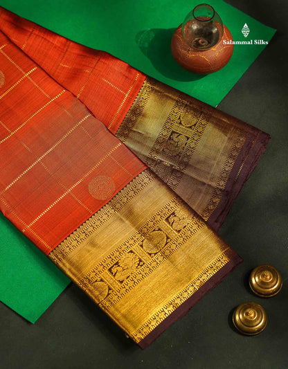 Pure Kanjivaram Silk Saree - Rust Orange Colour Body Checks With Butta & Contrast Brown Border