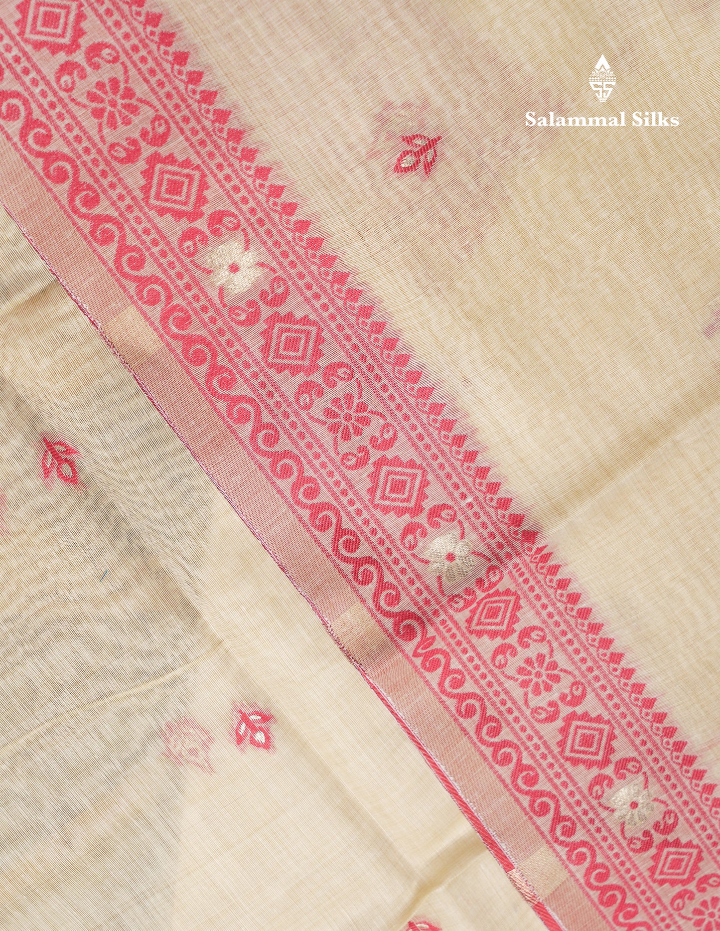 Beautiful Cream Sandal Thread Work Butta Muga Cotton Saree With Contrast Maroon Border