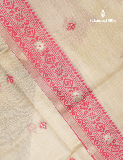Beautiful Cream Sandal Thread Work Butta Muga Cotton Saree With Contrast Maroon Border