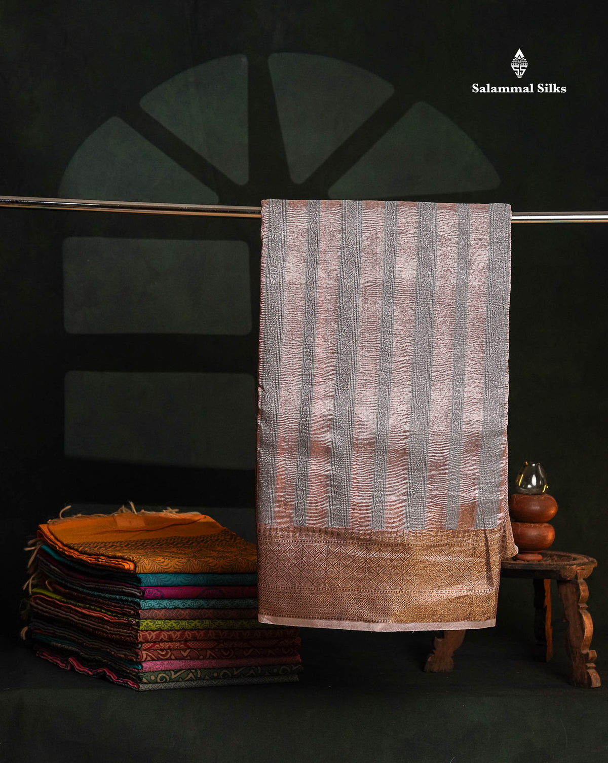 Premium Dark Peach Tissue Crush Fancy Saree With Traditional Border