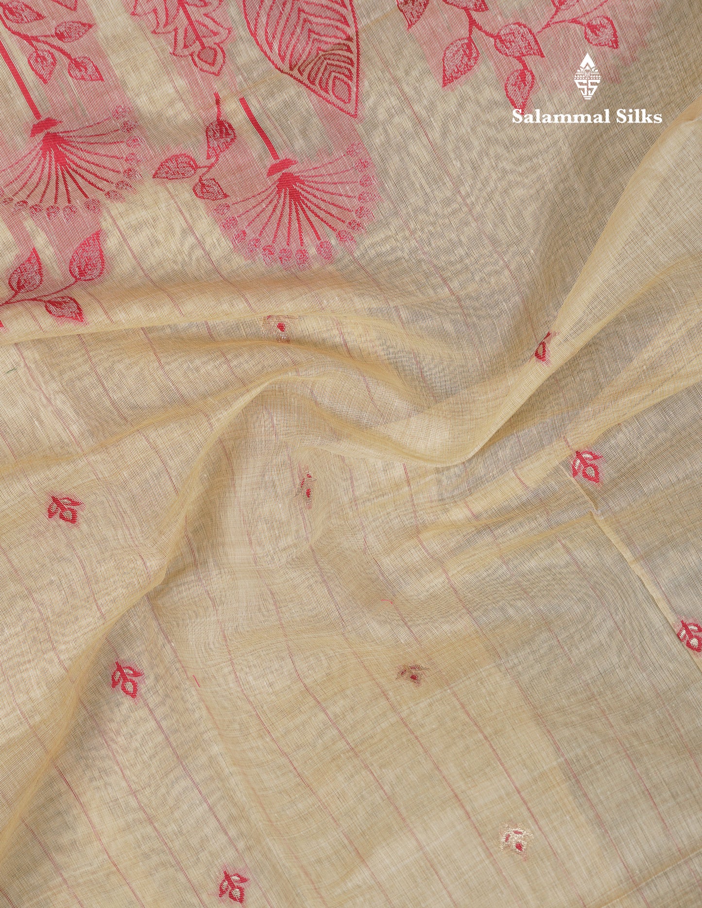 Beautiful Cream Sandal Thread Work Butta Muga Cotton Saree With Contrast Maroon Border