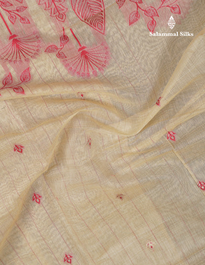 Beautiful Cream Sandal Thread Work Butta Muga Cotton Saree With Contrast Maroon Border