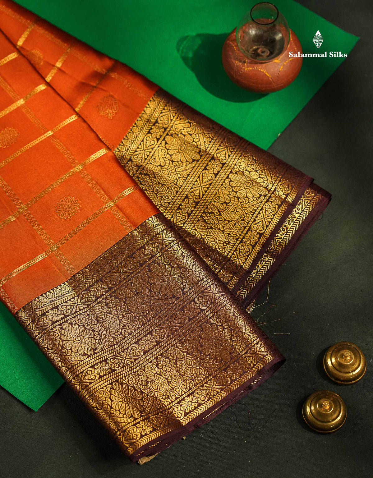 Pure Kanjivaram Silk Saree - Rust Orange Colour Body Checks With Butta & Contrast Dark Brown Long Border