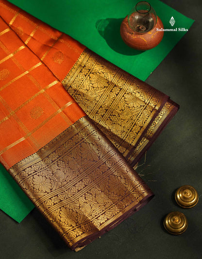 Pure Kanjivaram Silk Saree - Rust Orange Colour Body Checks With Butta & Contrast Dark Brown Long Border