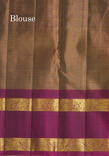 Bottle Green Vairaoosi Pure Kanjivaram Silk Saree With Contrast Magenta Rettapet (Gap) Border