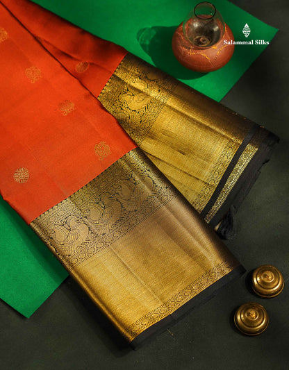 Pure Kanjivaram Silk Saree - Rust Orange Colour Body With Contrast Black Long Border