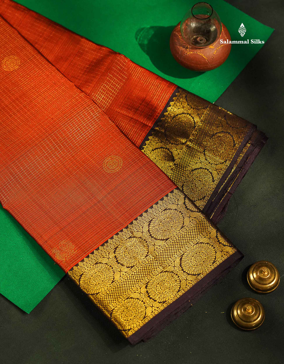 Beautiful Rust Orange Small Checks Mayil And Chakaram Buttas Pure Kanjivaram Silk Saree With Contrast Dark Brown Traditional Border