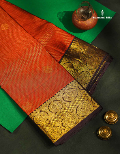 Beautiful Rust Orange Small Checks Mayil And Chakaram Buttas Pure Kanjivaram Silk Saree With Contrast Dark Brown Traditional Border