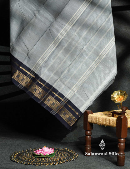 Beautiful Grey Plain Pure Chettinad Cotton Saree With Traditional Navy Blue Border