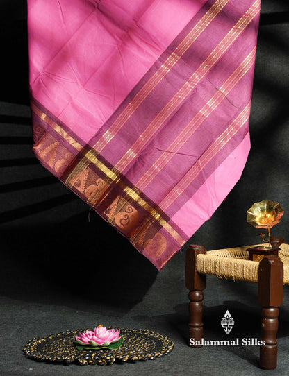 Pink Beautiful Chettinad Plain Pure Cotton Saree With Brown Border