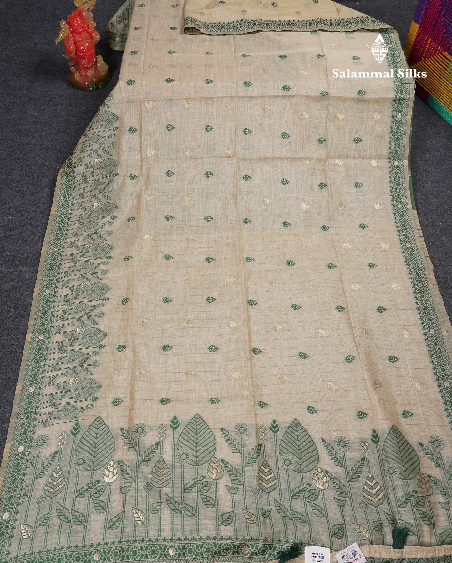 Beautiful Cream Sandal Thread Work Butta Muga Cotton Saree With Contrast Bottle Green Border