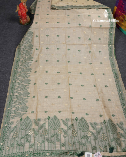 Beautiful Cream Sandal Thread Work Butta Muga Cotton Saree With Contrast Bottle Green Border